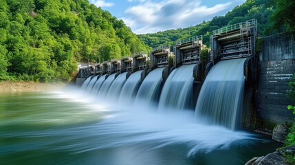 A hydroelectric dam releases torrents of water amid vibrant green foliage, showcasing renewable energy and nature's power in harmony..