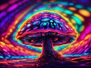 3d illustration of abstract magic mushroom in neon light. Psychedelic psychedelic image.