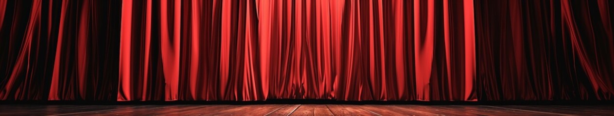 Theatrical Stage With Red Curtain and Wooden Floor