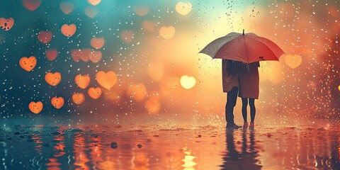 Love in the Rain - Create an illustration of a couple sharing an umbrella in the rain, with heart-shaped raindrops falling around them. The tender moment captures the romantic beauty