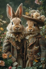 Obraz premium A whimsical portrayal of two anthropomorphic Easter bunnies in elegant vintage clothing, surrounded by colorful spring flowers and decorated eggs