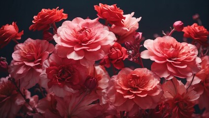red artificial flowers on dark background, vintage color tone