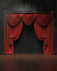 Empty Stage With Red Curtain and Chairs