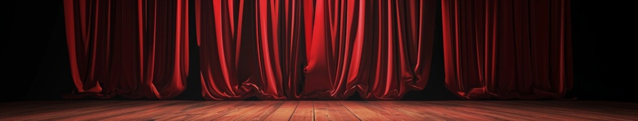 Stage With Red Curtain and Wooden Floor