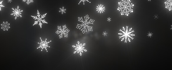 Snowflakes and bokeh lights on the blue Merry Christmas background. 3D render