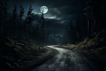 Night mountain road in a moonlit forest. Generative AI - obrazy, fototapety, plakaty