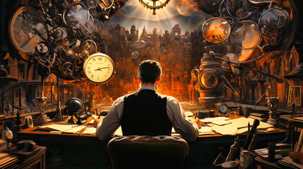 Vintage-inspired fantasy artwork featuring a man in a suit against a dark and mysterious backdrop. Artistic and imaginative concept with retro elements.