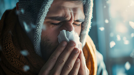 Closeup man sick with the flu blowing her nose at home, health concept - obrazy, fototapety, plakaty