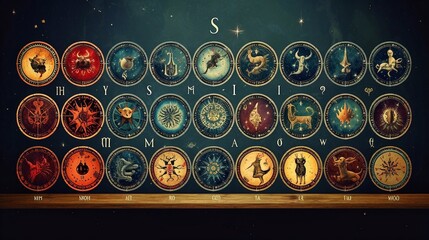 Zodiac signs on a blackboard background. Horoscope and astrology. Astrological signs on the wall of the Zodiacal calendar - obrazy, fototapety, plakaty
