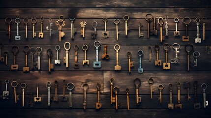 Encryption and Security concept image. Old and vintage keys, arranged randomly, many from 1800s, on an old grungy wooden desk.
 - obrazy, fototapety, plakaty