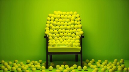 Yellow tennis balls and chair on green wall background. Sport concept.