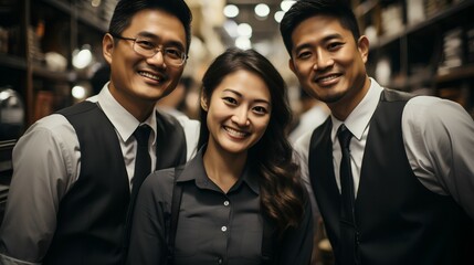 Smiling confident Asian female business executive - leading team - projecting authority and approachability 