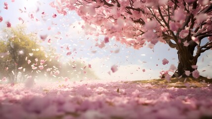 Magnificent scene of cherry blossoms flower petals floating and blown in a spring breeze. Focus is the background trees.