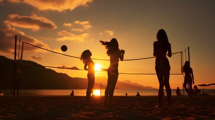 Silhouette of girls playing beach volley at sunset