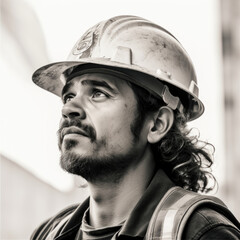 Black and white portrait of construction worker man with helmet