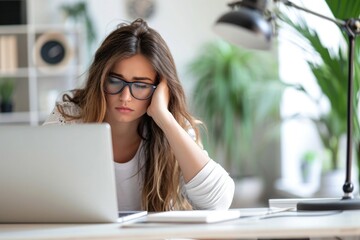 female sitting at her desk working on laptop and wearing glasses looking bored