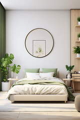 Luxury bedroom with a minimalist and natural concept, with a round mirror above the bed and plants on the side. Created with Generative AI.