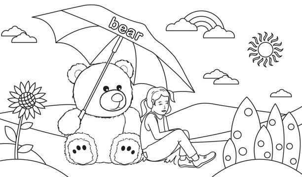 Illustration of a bear and a little girl. Coloring book for children. Black and white vector