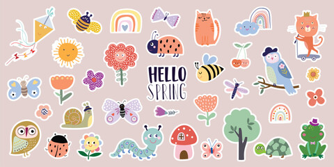 Spring time stickers collection, funny animals, insects and flowers, childish seasonal design, vector