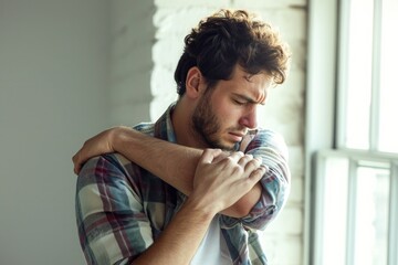 man wearing a shirt touching his shoulder in pain - obrazy, fototapety, plakaty