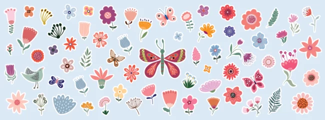 Fotobehang Spring time stickers collection with floral design, different seasonal flowers in bloom, plants and butterflies, vector © lilett