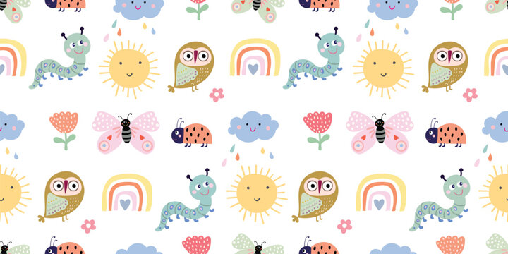Spring time seamless pattern with cute owls and insects, childish elements, decorative wallpaper, vector design
