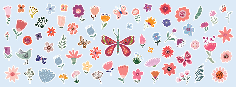 Spring time stickers collection with floral design, different seasonal flowers in bloom, plants and butterflies, vector