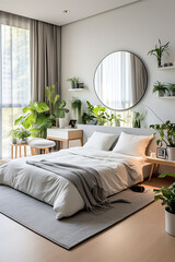 Luxury bedroom with a minimalist and natural concept, with a round mirror above the bed and plants on the side. Created with Generative AI.