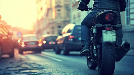 An exhilarating motorcycle ride through the bustling city traffic, where every maneuver is a thrilling challenge. Cropped picture. - obrazy, fototapety, plakaty
