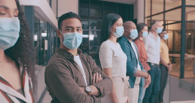 Face mask, office and group of business people for disease by building for protection, hygiene and safety. Corporate team, professional and men and women in line for community, career and opportunity