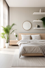 Luxury bedroom with a minimalist and natural concept, with a round mirror above the bed and plants on the side. Created with Generative AI.