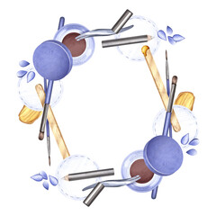 Frame from beauty tools. Eyebrow shaping with henna. Hair removal with hot wax. Eyebrow correction with tweezers. Watercolor illustration. For background design, packaging, poster