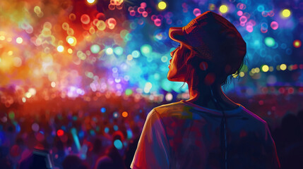 Fototapeta premium An artistic representation of a teenager lost in the rhythm of the music at an outdoor concert, with vibrant festival lights illuminating their expressive face, creating a visually