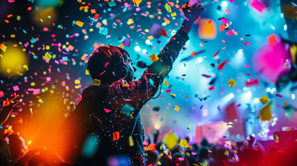 A close-up photograph of a teenager immersed in the beat, with colorful confetti falling around them during a concert finale, capturing the exhilaration and joy of the live music m