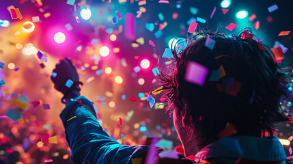 A close-up photograph of a teenager immersed in the beat, with colorful confetti falling around them during a concert finale, capturing the exhilaration and joy of the live music m