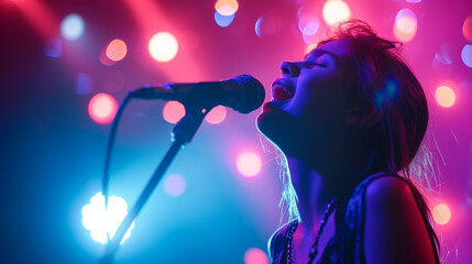 A close-up photograph of a teenager singing along passionately at a concert, with stage lights creating a halo effect around them, capturing the intensity and emotional connection - obrazy, fototapety, plakaty
