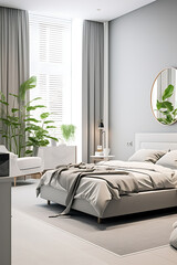 Luxury bedroom with a minimalist and natural concept, with a round mirror above the bed and plants on the side. Created with Generative AI.