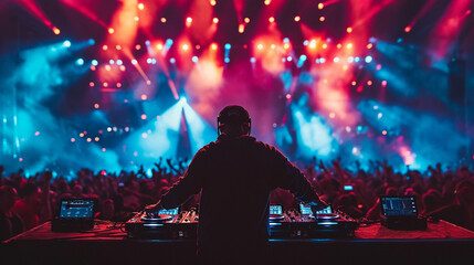 An immersive photograph featuring a DJ at a music festival, with hands in motion, manipulating equipment and surrounded by a sea of enthusiastic fans, illuminated by pulsating stag - obrazy, fototapety, plakaty