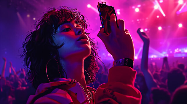 A visually rich image showcasing a teenager capturing a memorable concert moment on their phone, with the stage lights reflecting in their eyes, and the crowd's excitement visible