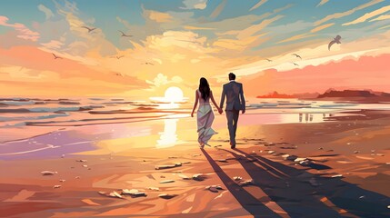 Wide shot image of newly weds walking on beach, Generative Ai illustration