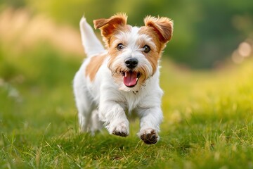 Adorable small dog playing outdoors. Happy pet dog playing on green grass lawn