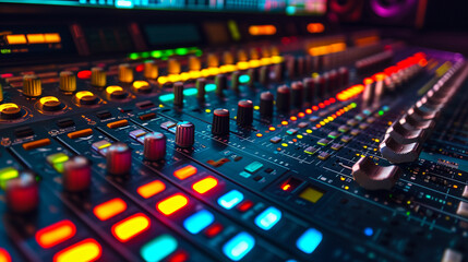 A close-up shot of a recording studio mixing desk, capturing the intricate details of faders, buttons, and LED displays, with vibrant meters and screens displaying soundwaves, crea