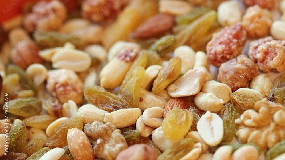 Poster Mixed nuts with dried fruits in a pile.