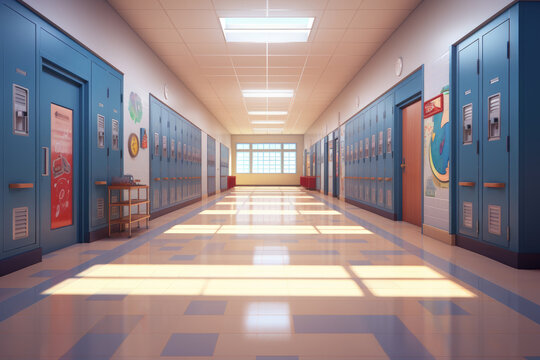 Blue and light pink modern school corridor 3d design, back to school. Generative ai