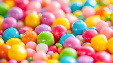 Fototapeta na wymiar Macro shot of glossy, colorful gumballs with a shallow depth of field, highlighting the textures and colors. 