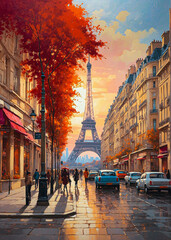 Fototapeta premium Oil Painting - Fall Day Paris with Eiffel tower in 1980s. Collection of designer oil paintings. Decoration for the interior. Modern abstract canvas art. Set of pictures. vintage cars. vintage