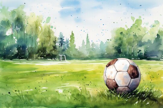 A soccer ball on the green grass of a football field on a sunny summer day. 