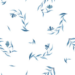 Watercolor seamless pattern with floral motifs in folk style. Blue watercolor flowers and branches in ornamental style background. Printing on fabric, wallpaper, textiles.