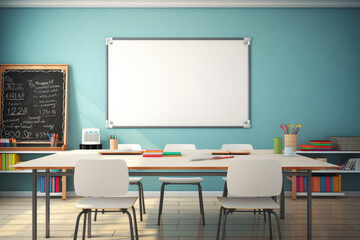 Blue wall background, classroom interior with modern school supplies, back to school. Generative ai