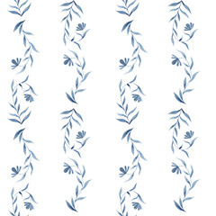 Watercolor floral pattern in folk style with ornamental blue flowers. - obrazy, fototapety, plakaty
